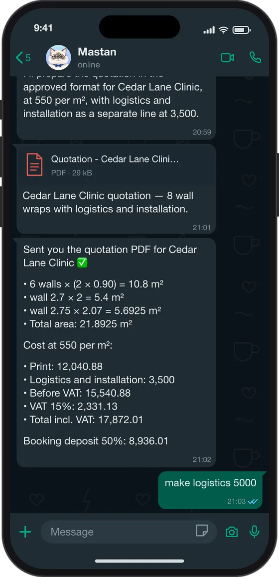 WhatsApp chat: A few lines about a job, a priced quotation as PDF
