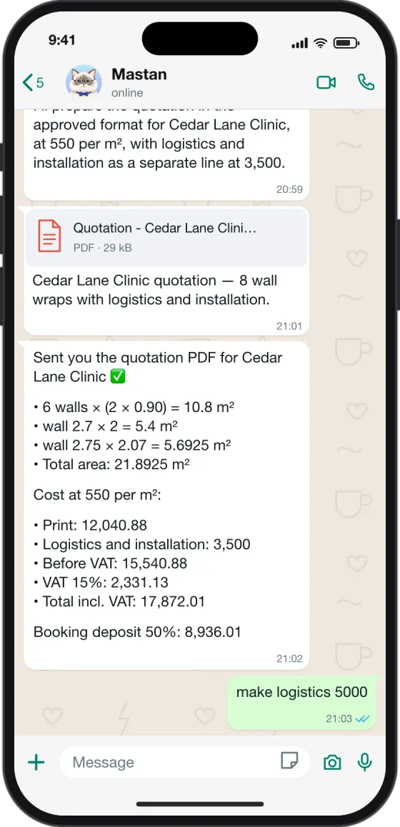 WhatsApp chat: A few lines about a job, a priced quotation as PDF