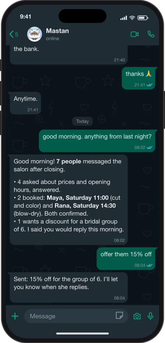 WhatsApp chat: in the morning Mastan reports 7 messages from the night, 4 answered, 2 bookings confirmed and 1 discount request for the owner
