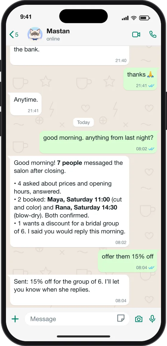 WhatsApp chat: in the morning Mastan reports 7 messages from the night, 4 answered, 2 bookings confirmed and 1 discount request for the owner