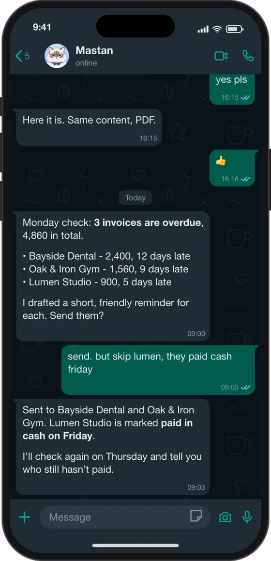 WhatsApp chat: Mastan lists 3 overdue invoices, the owner says send but skip one that paid in cash, and Mastan confirms 2 reminders sent