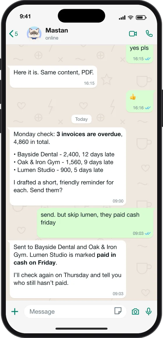 WhatsApp chat: Mastan lists 3 overdue invoices, the owner says send but skip one that paid in cash, and Mastan confirms 2 reminders sent