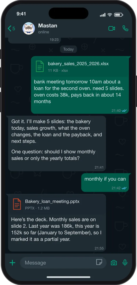 WhatsApp chat: Deck for tomorrow's bank meeting