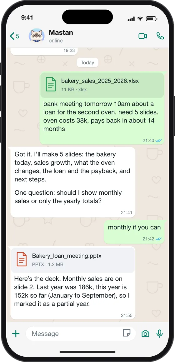 WhatsApp chat: Deck for tomorrow's bank meeting