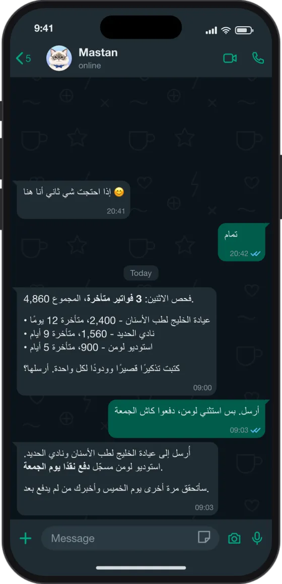 محادثة واتساب: مستان يسرد 3 فواتير متأخرة، صاحب العمل يقول أرسل لكن استثنِ من دفع نقدًا، ومستان يؤكد إرسال تذكيرين
