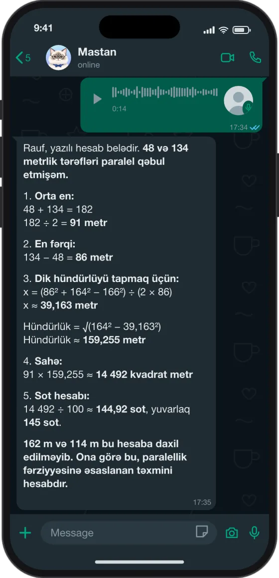 WhatsApp söhbəti: Torpağın sahəsi neçə sot edir?