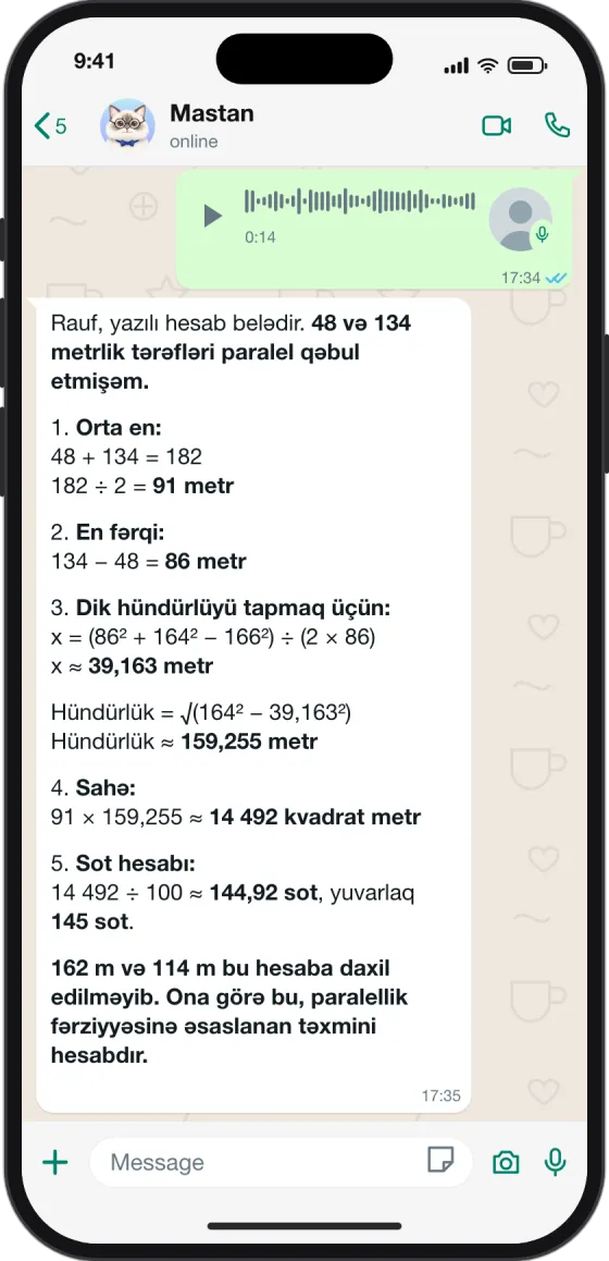 WhatsApp söhbəti: Torpağın sahəsi neçə sot edir?