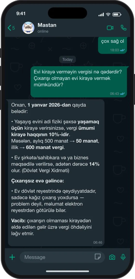 WhatsApp söhbəti: Kirayə evin vergisi nə qədərdir?