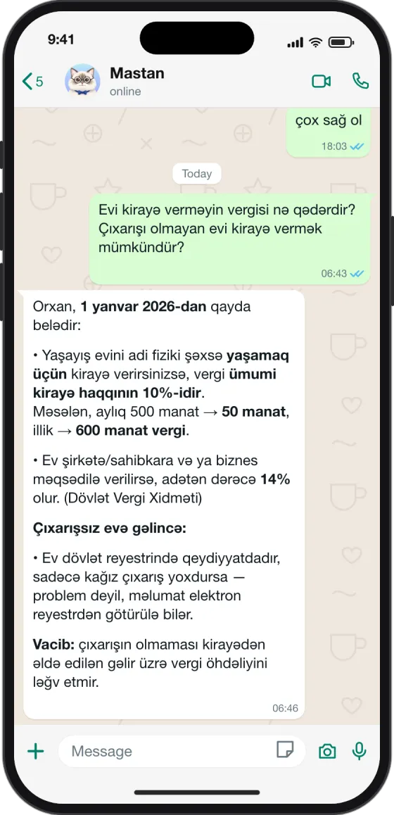 WhatsApp söhbəti: Kirayə evin vergisi nə qədərdir?