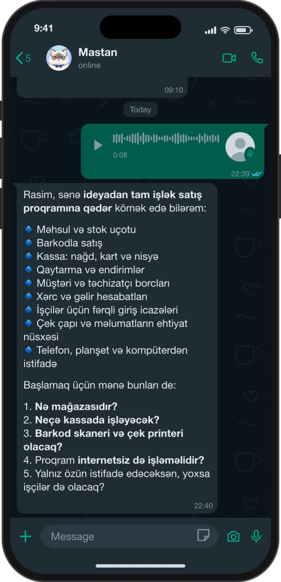 WhatsApp söhbəti: Mağaza üçün satış proqramı: nə lazımdır