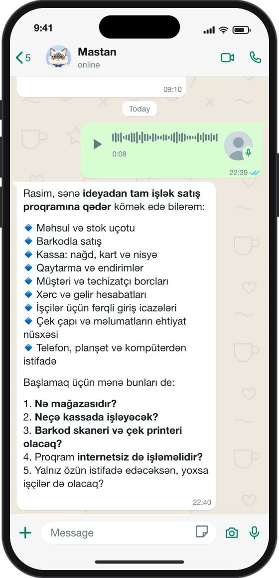 WhatsApp söhbəti: Mağaza üçün satış proqramı: nə lazımdır