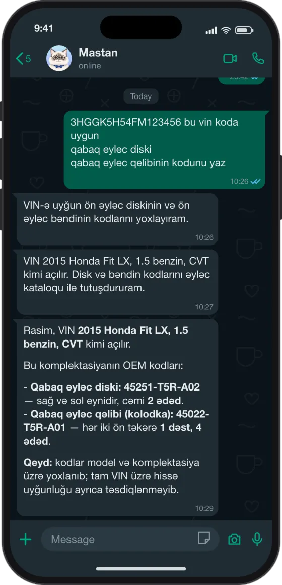 WhatsApp söhbəti: VIN göndər, dəqiq OEM kodlarını al