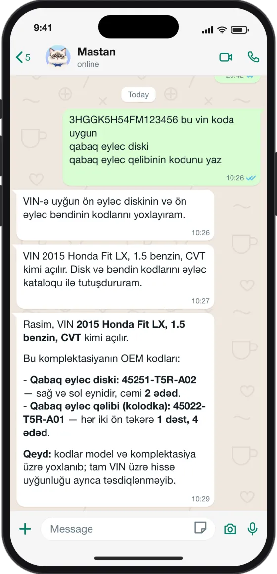 WhatsApp söhbəti: VIN göndər, dəqiq OEM kodlarını al