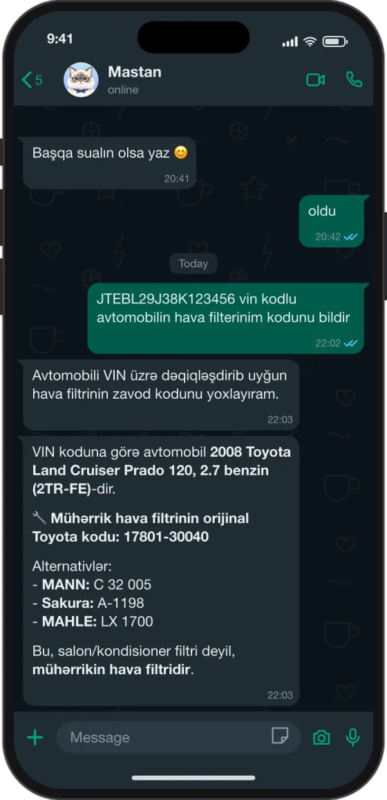 WhatsApp söhbəti: VIN-dən hava filtrinin kodu və analoqları