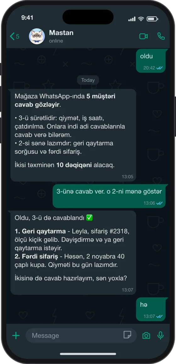 WhatsApp söhbəti: Mastan 5 müştərinin gözlədiyini deyir, 3 asan suala cavab verir və sahibini gözləyən 2 mesajı göstərir