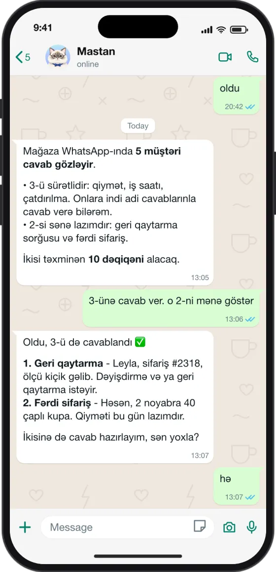 WhatsApp söhbəti: Mastan 5 müştərinin gözlədiyini deyir, 3 asan suala cavab verir və sahibini gözləyən 2 mesajı göstərir