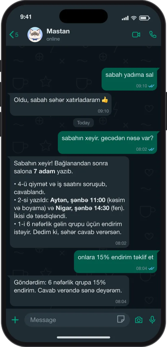 WhatsApp söhbəti: səhər Mastan gecədən 7 mesaj olduğunu bildirir, 4-ünə cavab verilib, 2 rezervasiya təsdiqlənib və 1 endirim sorğusu sahibini gözləyir
