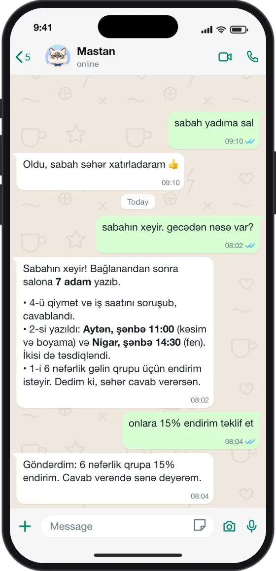 WhatsApp söhbəti: səhər Mastan gecədən 7 mesaj olduğunu bildirir, 4-ünə cavab verilib, 2 rezervasiya təsdiqlənib və 1 endirim sorğusu sahibini gözləyir