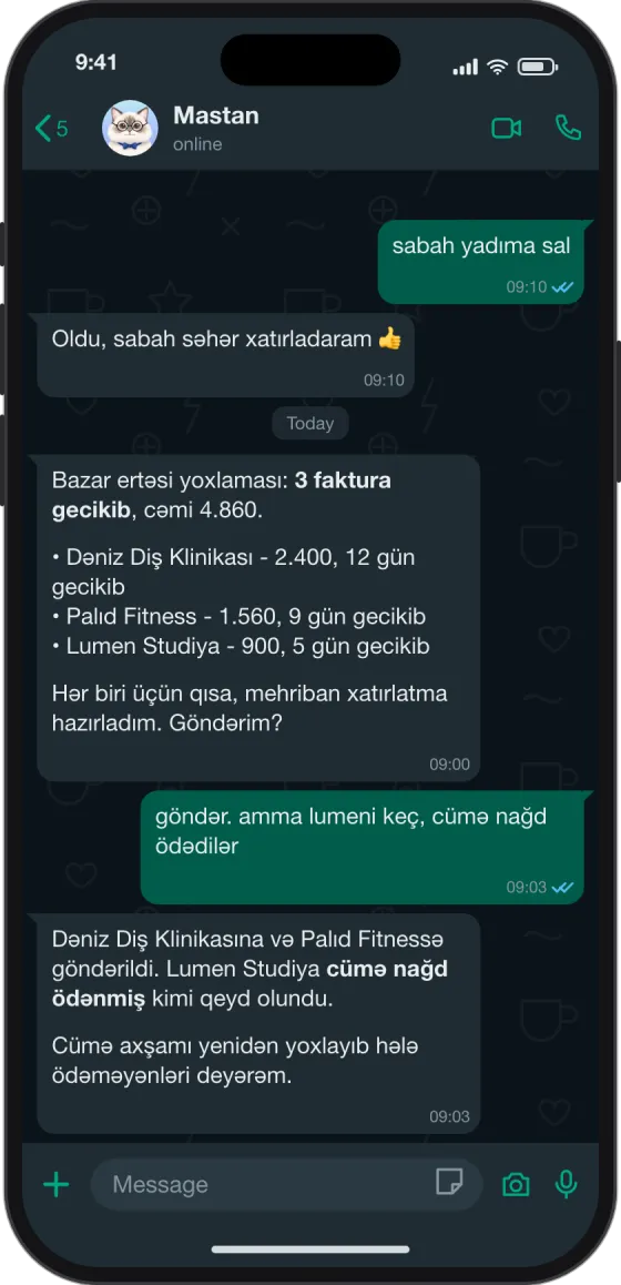 WhatsApp söhbəti: Mastan 3 gecikmiş fakturanı sadalayır, sahib “göndər, amma nağd ödəyəni keç” deyir, Mastan 2 xatırlatmanın göndərildiyini təsdiqləyir