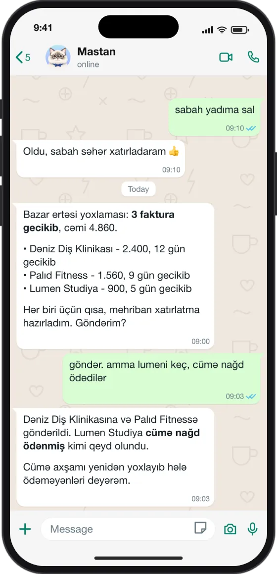 WhatsApp söhbəti: Mastan 3 gecikmiş fakturanı sadalayır, sahib “göndər, amma nağd ödəyəni keç” deyir, Mastan 2 xatırlatmanın göndərildiyini təsdiqləyir